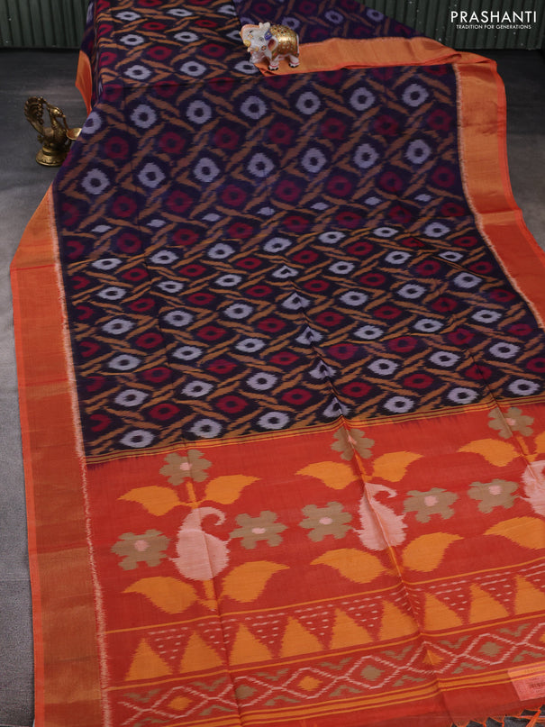 Ikat silk cotton saree navy blue and orange with allover ikat weaves and zari woven border