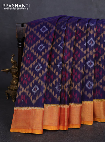 Ikat silk cotton saree navy blue and dual shade of dark mustard with allover ikat weaves and zari woven border