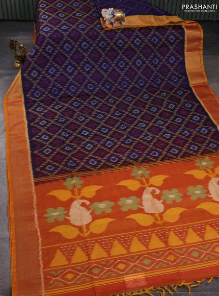Ikat silk cotton saree navy blue and dual shade of dark mustard with allover ikat weaves and zari woven border