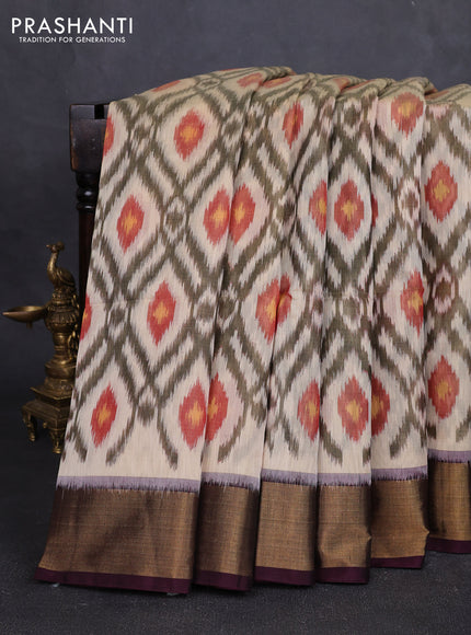 Ikat silk cotton saree sandal and coffee brown with allover ikat weaves and zari woven border
