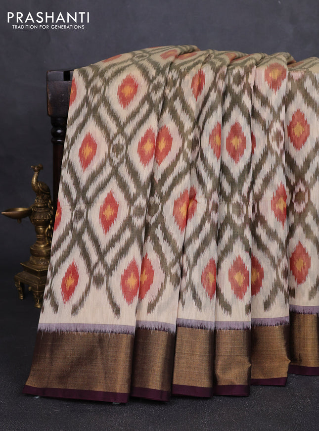 Ikat silk cotton saree sandal and coffee brown with allover ikat weaves and zari woven border