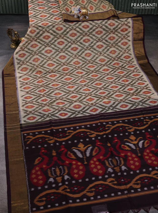 Ikat silk cotton saree sandal and coffee brown with allover ikat weaves and zari woven border