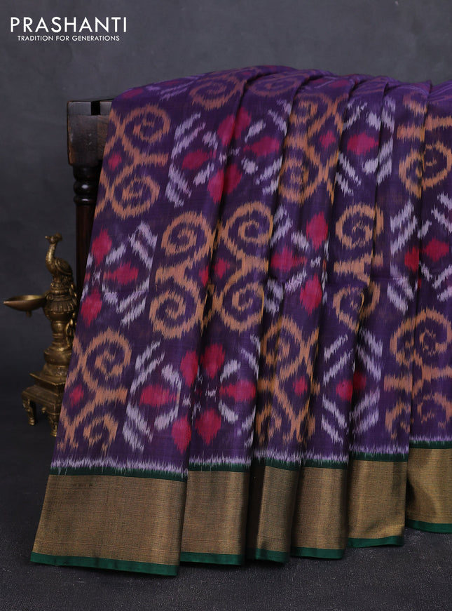Ikat silk cotton saree pastel jamun and dark green with allover ikat weaves and zari woven border