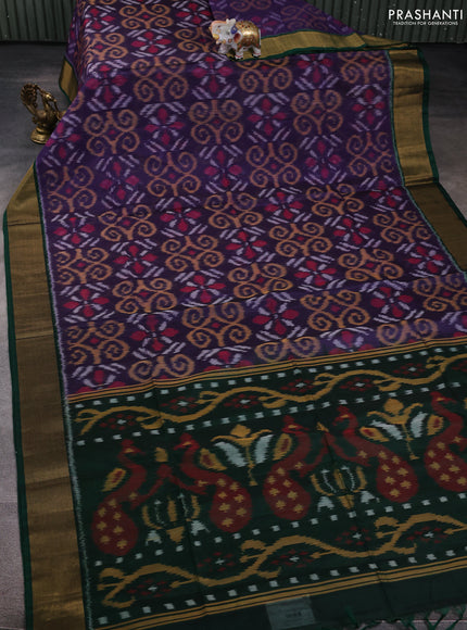 Ikat silk cotton saree pastel jamun and dark green with allover ikat weaves and zari woven border