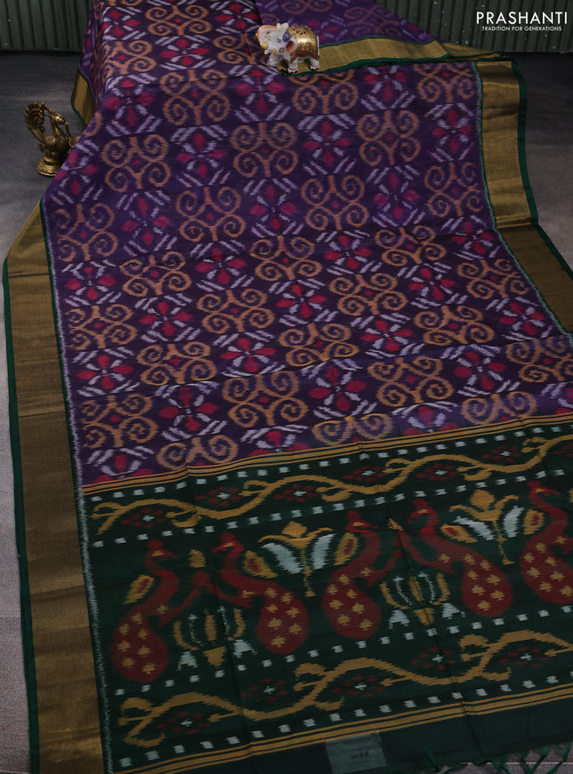 Ikat silk cotton saree pastel jamun and dark green with allover ikat weaves and zari woven border