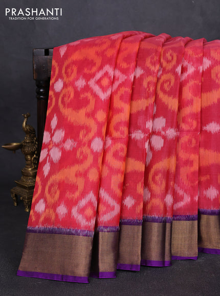 Ikat silk cotton saree pink and purple with allover ikat weaves and zari woven border