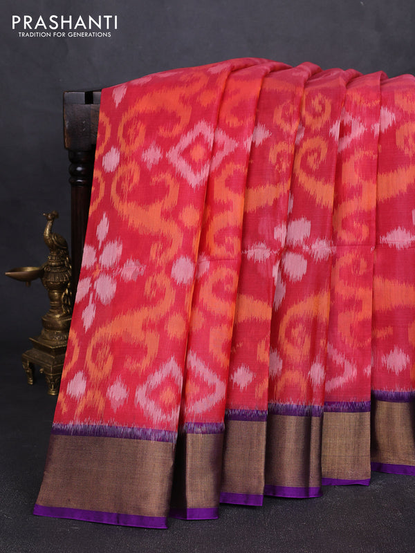 Ikat silk cotton saree pink and purple with allover ikat weaves and zari woven border