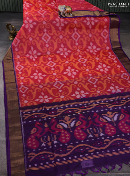 Ikat silk cotton saree pink and purple with allover ikat weaves and zari woven border