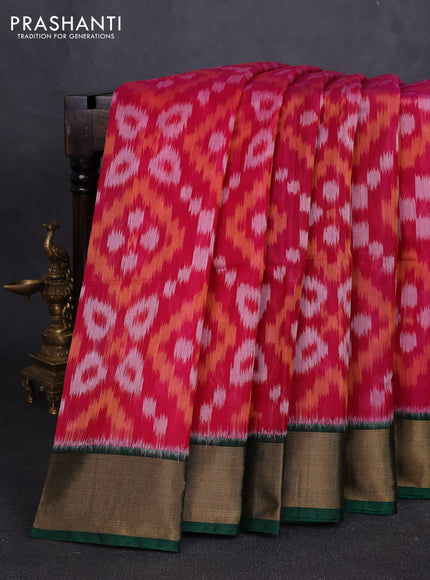 Ikat silk cotton saree pink and bottle green with allover ikat weaves and zari woven border