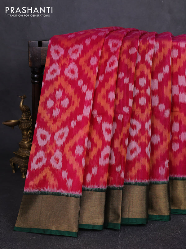 Ikat silk cotton saree pink and bottle green with allover ikat weaves and zari woven border