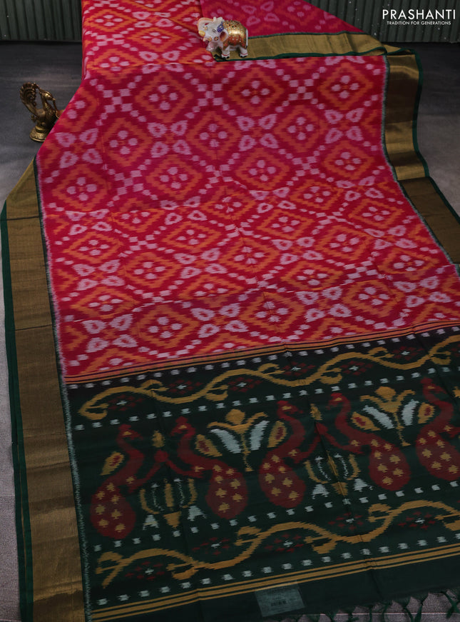 Ikat silk cotton saree pink and bottle green with allover ikat weaves and zari woven border