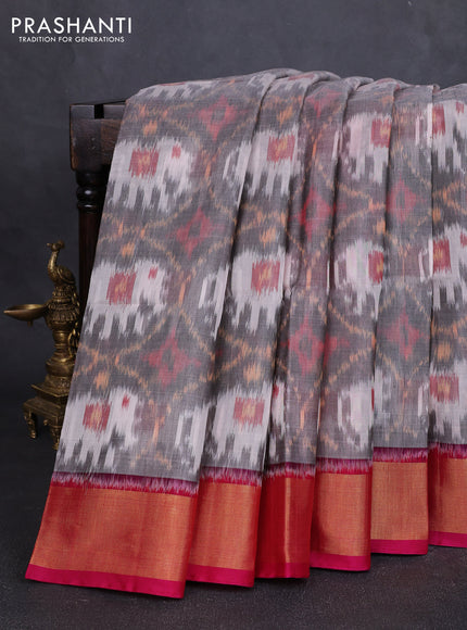 Ikat silk cotton saree grey and pink with allover ikat weaves and zari woven border