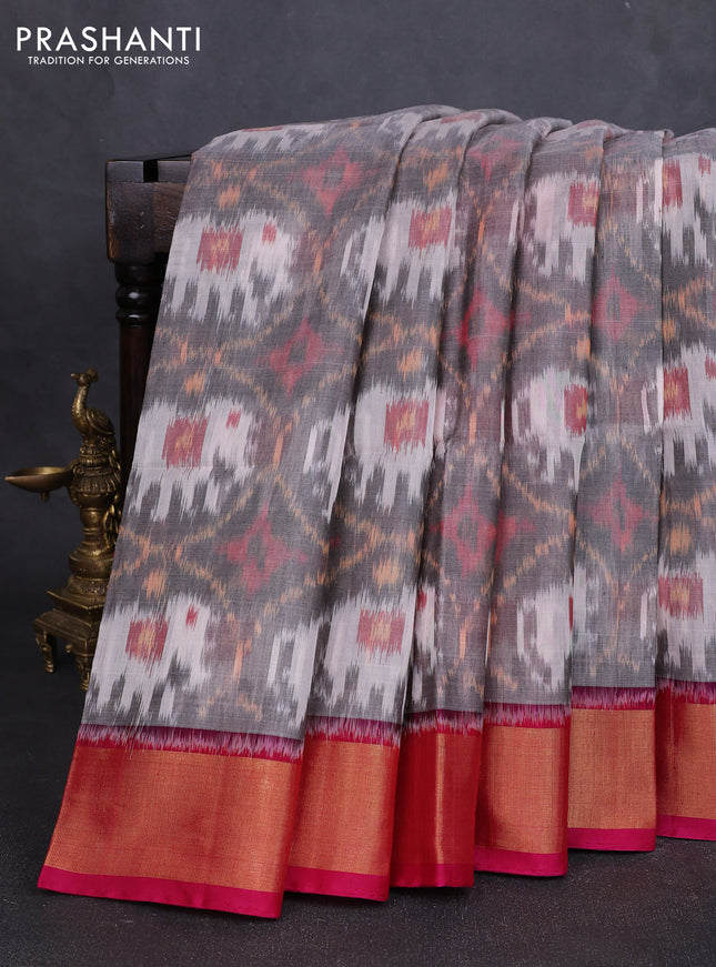 Ikat silk cotton saree grey and pink with allover ikat weaves and zari woven border