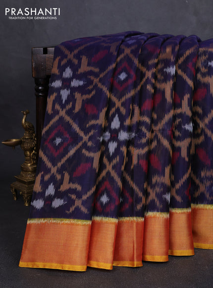 Ikat silk cotton saree navy blue and dark mustard with allover ikat weaves and zari woven border