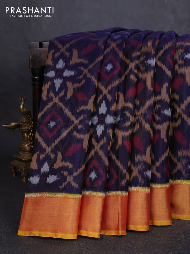 Ikat silk cotton saree navy blue and dark mustard with allover ikat weaves and zari woven border