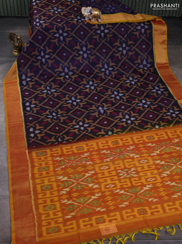 Ikat silk cotton saree navy blue and dark mustard with allover ikat weaves and zari woven border
