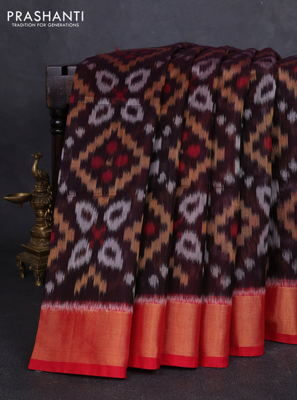 Ikat silk cotton saree coffee brown and red with allover ikat weaves and zari woven border