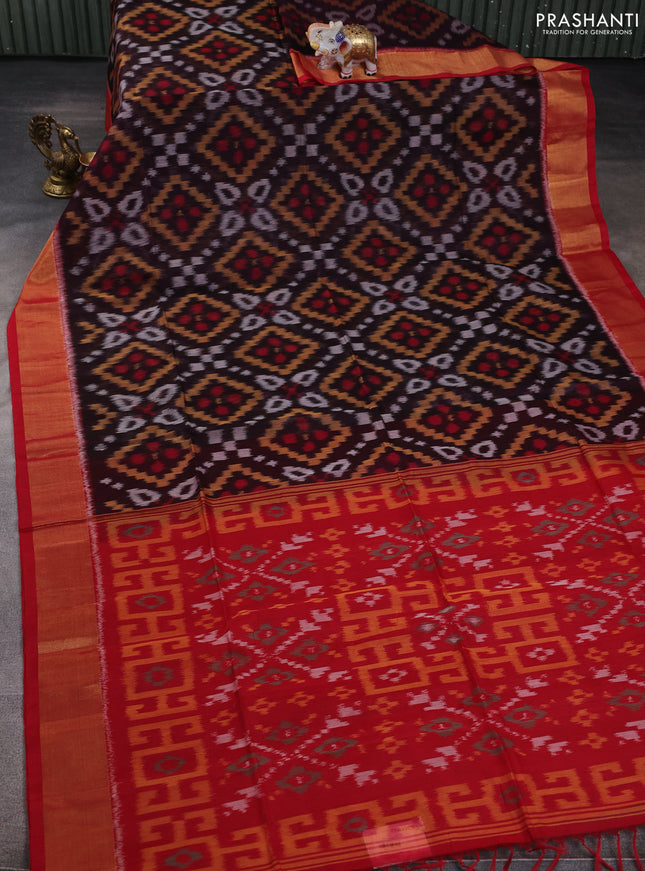 Ikat silk cotton saree coffee brown and red with allover ikat weaves and zari woven border