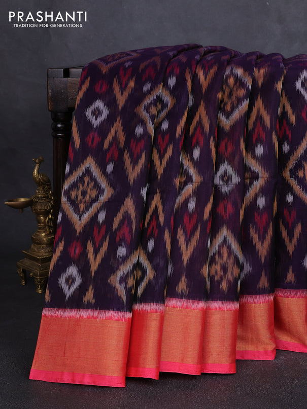 Ikat silk cotton saree deep violet and candy pink with allover ikat weaves and zari woven border