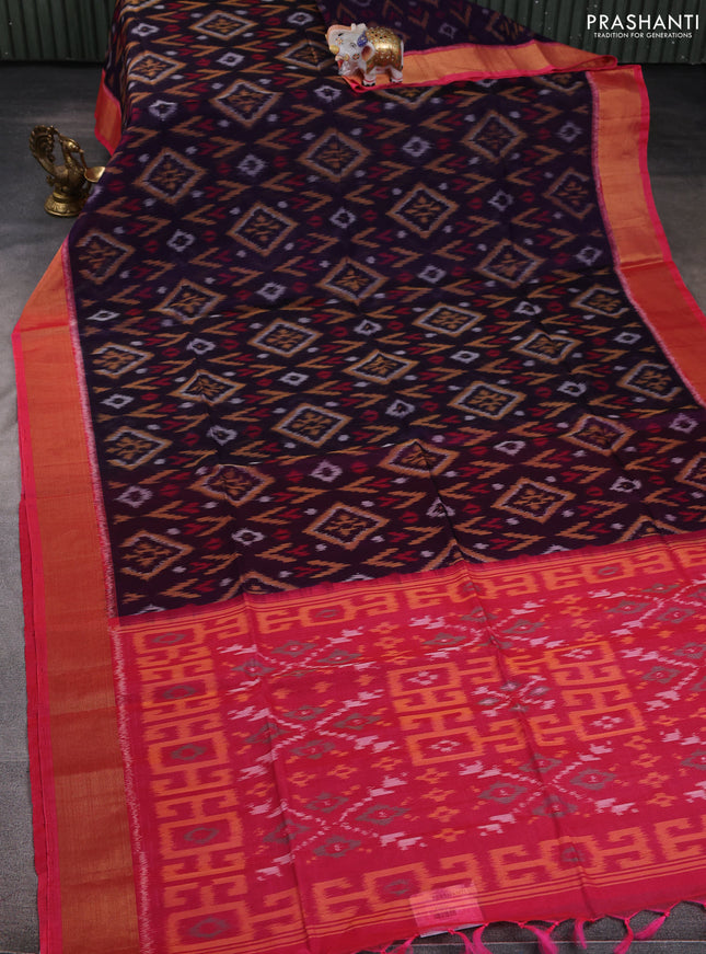 Ikat silk cotton saree deep violet and candy pink with allover ikat weaves and zari woven border