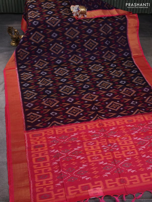 Ikat silk cotton saree deep violet and candy pink with allover ikat weaves and zari woven border