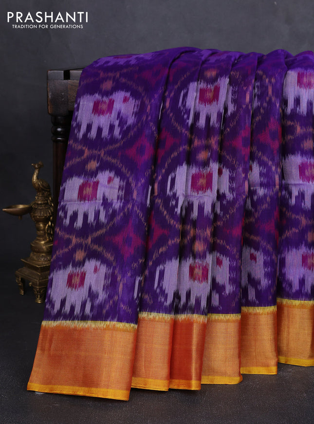 Ikat silk cotton saree violet and dark mustard with allover ikat weaves and zari woven border