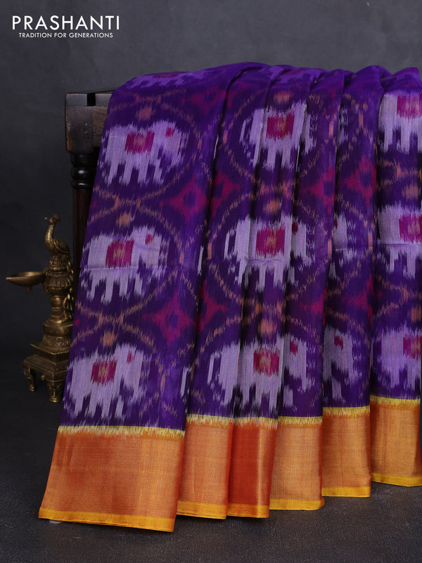 Ikat silk cotton saree violet and dark mustard with allover ikat weaves and zari woven border
