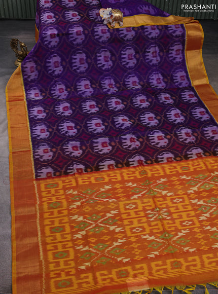 Ikat silk cotton saree violet and dark mustard with allover ikat weaves and zari woven border