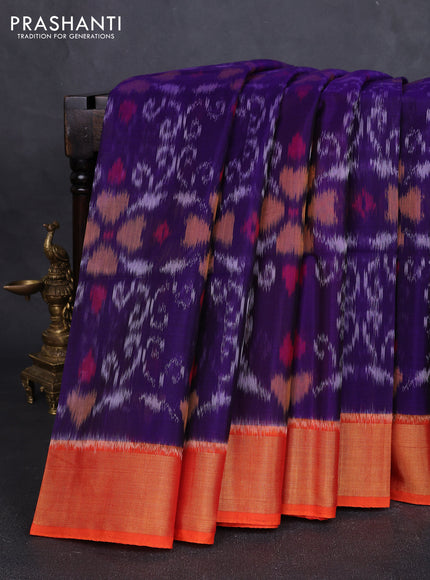 Ikat silk cotton saree violet and orange with allover ikat weaves and zari woven border