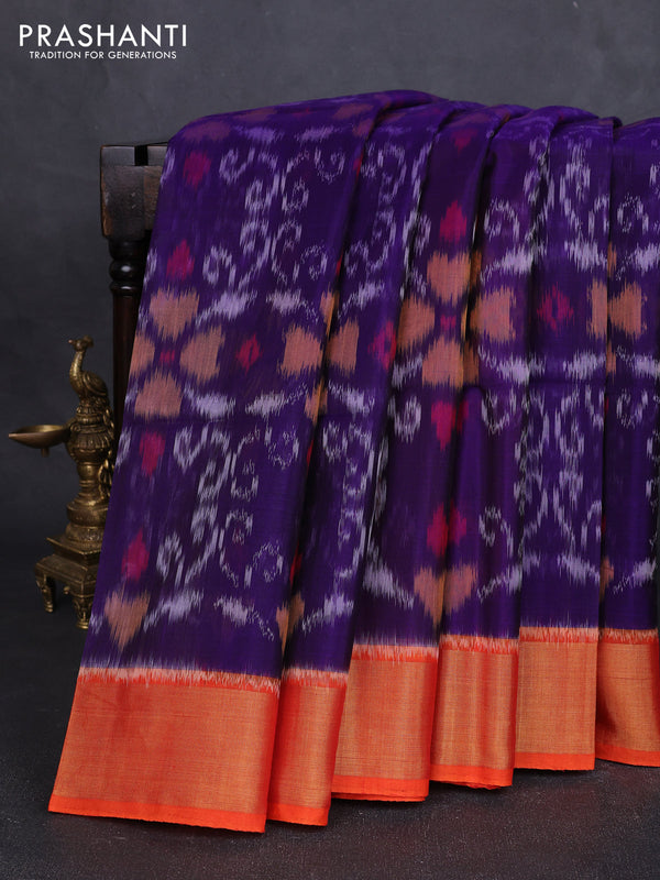 Ikat silk cotton saree violet and orange with allover ikat weaves and zari woven border