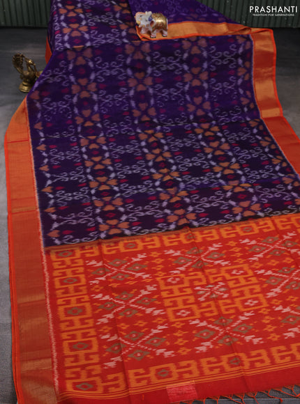 Ikat silk cotton saree violet and orange with allover ikat weaves and zari woven border