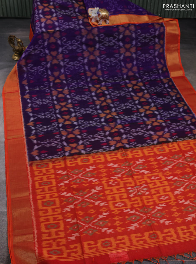 Ikat silk cotton saree violet and orange with allover ikat weaves and zari woven border