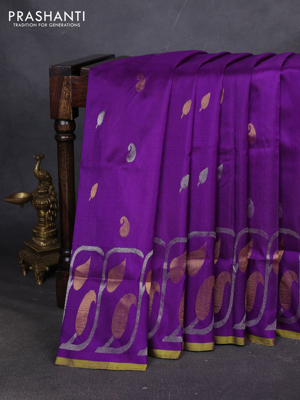 Pure uppada silk saree purple and light green with allover silver & zari woven buttas and zari woven simple border