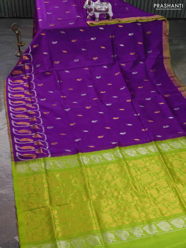 Pure uppada silk saree purple and light green with allover silver & zari woven buttas and zari woven simple border