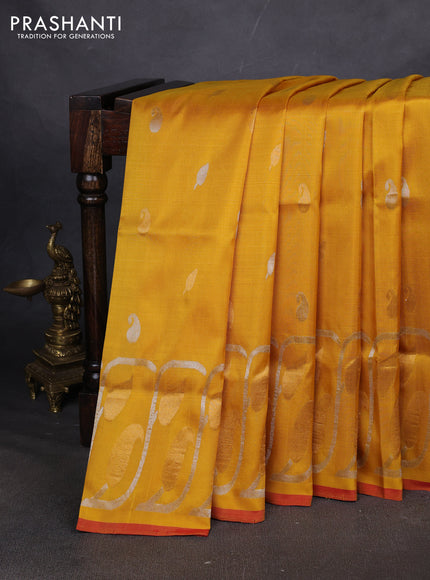 Pure uppada silk saree mustard yellow and red with allover silver & zari woven buttas and zari woven simple border
