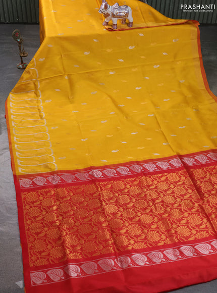 Pure uppada silk saree mustard yellow and red with allover silver & zari woven buttas and zari woven simple border