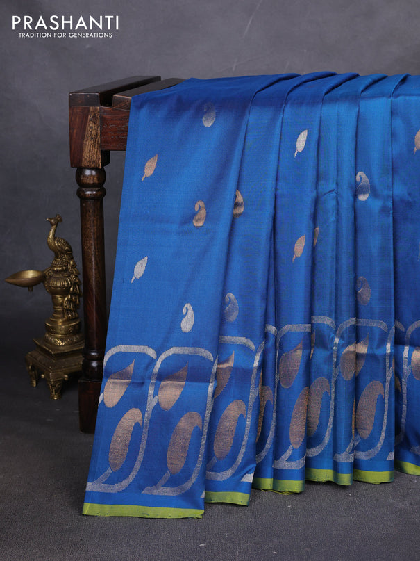 Pure uppada silk saree cs blue and light green with allover silver & zari woven buttas and zari woven simple border