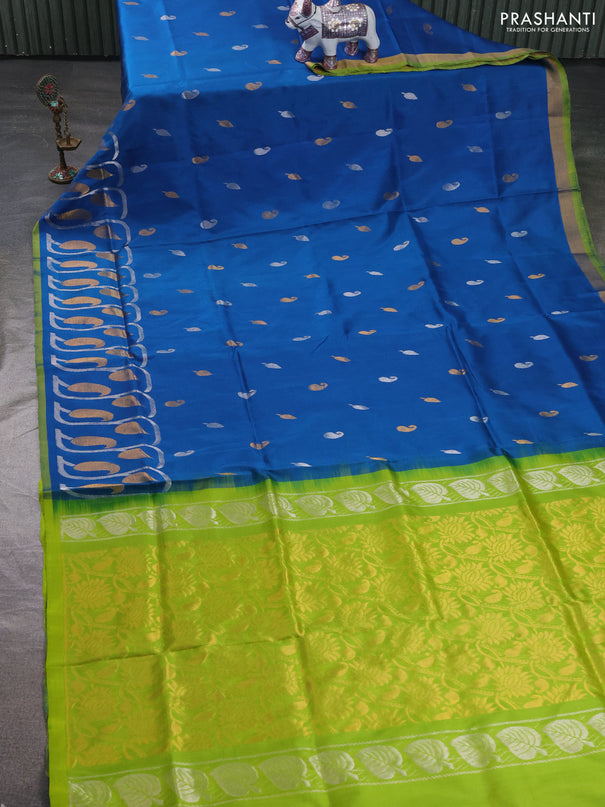 Pure uppada silk saree cs blue and light green with allover silver & zari woven buttas and zari woven simple border