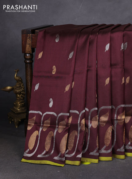 Pure uppada silk saree coffee brown and light green with allover silver & zari woven buttas and zari woven simple border