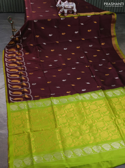 Pure uppada silk saree coffee brown and light green with allover silver & zari woven buttas and zari woven simple border