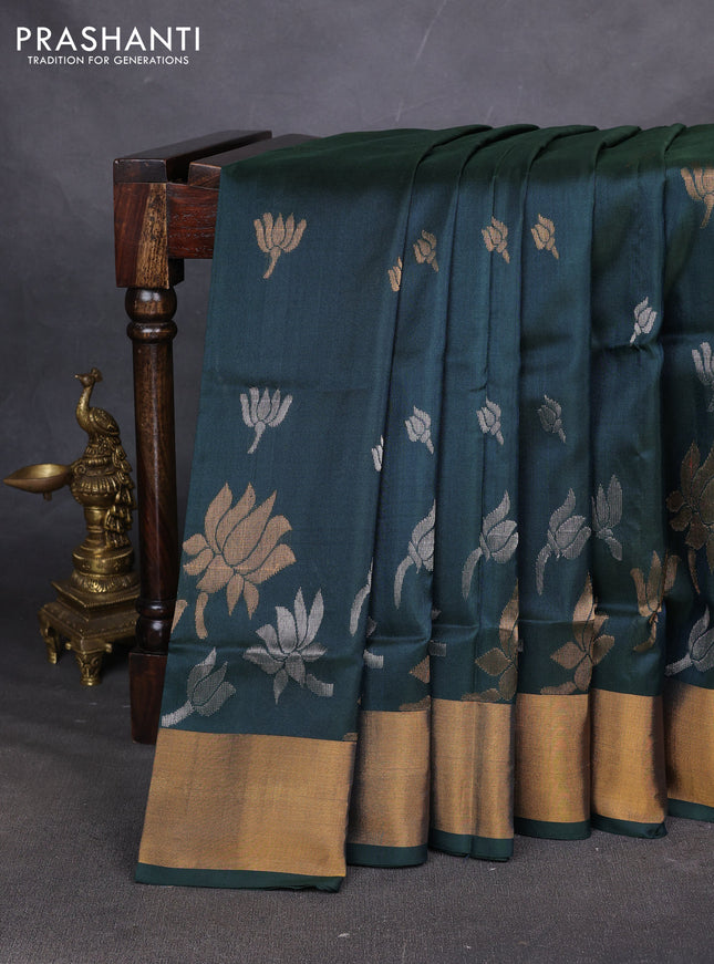 Pure uppada silk saree bottle green with allover silver & zari woven buttas and zari woven border