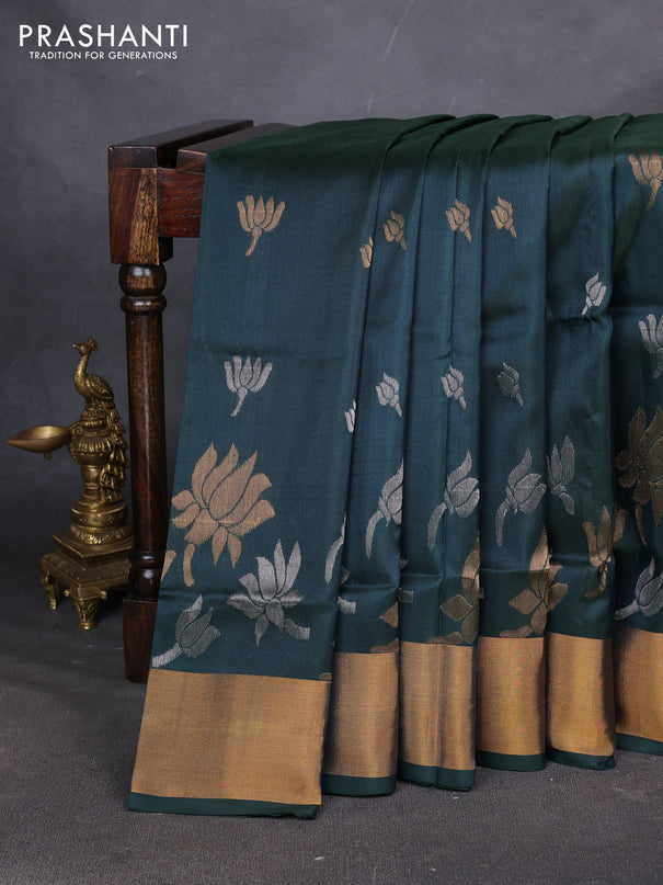 Pure uppada silk saree bottle green with allover silver & zari woven buttas and zari woven border