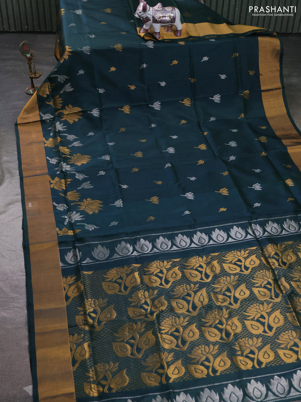 Pure uppada silk saree bottle green with allover silver & zari woven buttas and zari woven border