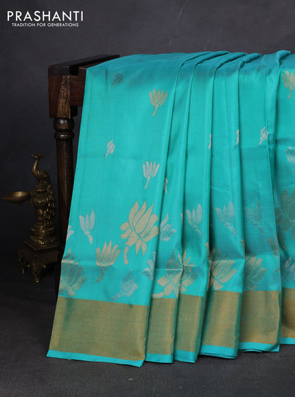 Pure uppada silk saree teal green with allover silver & zari woven buttas and zari woven border