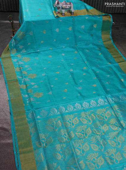 Pure uppada silk saree teal green with allover silver & zari woven buttas and zari woven border