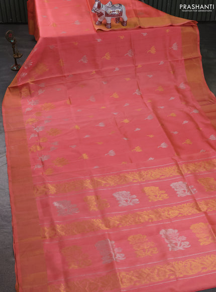 Pure uppada silk saree peach shade with allover silver & zari woven buttas and zari woven border