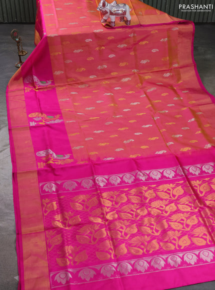 Pure uppada silk saree dual shade of pinkish orange and pink with allover silver & zari woven buttas and long zari woven buttas