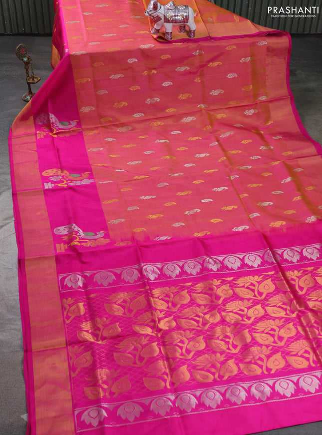 Pure uppada silk saree dual shade of pinkish orange and pink with allover silver & zari woven buttas and long zari woven buttas