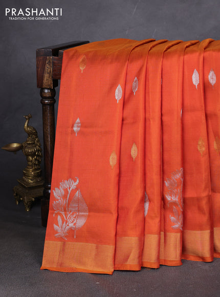 Pure uppada silk saree rustic orange and wlth allover silver & zari woven buttas and zari woven border
