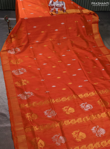 Pure uppada silk saree rustic orange and wlth allover silver & zari woven buttas and zari woven border